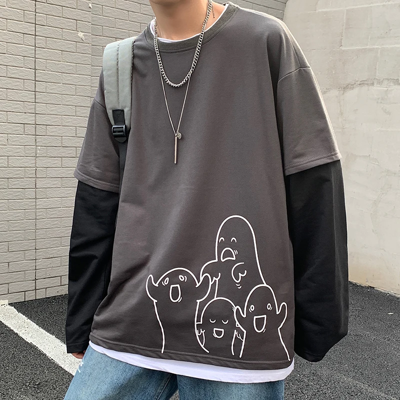 

UnaReta Man Sweatshirt New Streetwear Men Clothing Harajuku Fake Two Pieces Skateboard Top Patchwork Print Sweatshirts Men