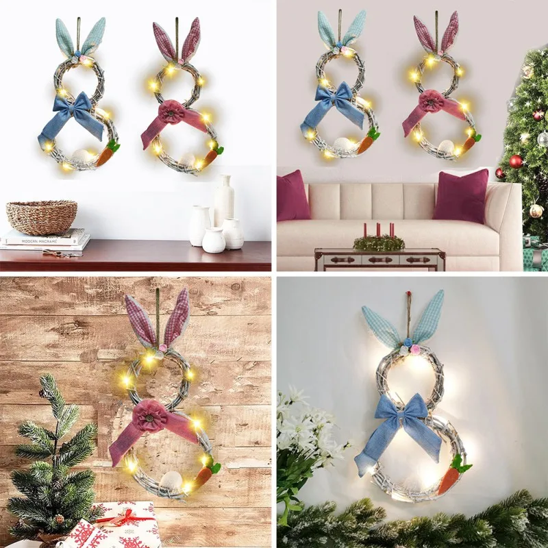 

Easter Wreath Pendant Decorations With Lights Rabbit Ears Decorating Rattan Circle Wreath Ornaments Front Door Wall Household