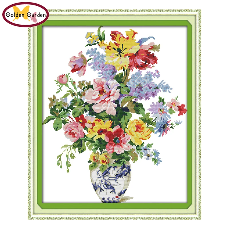 

GG Flowers Blooming Flower Style Joy Sunday Needlework Embroidery Sets Handmade Craft Stamped Cross Stitch Kits for Home Decor