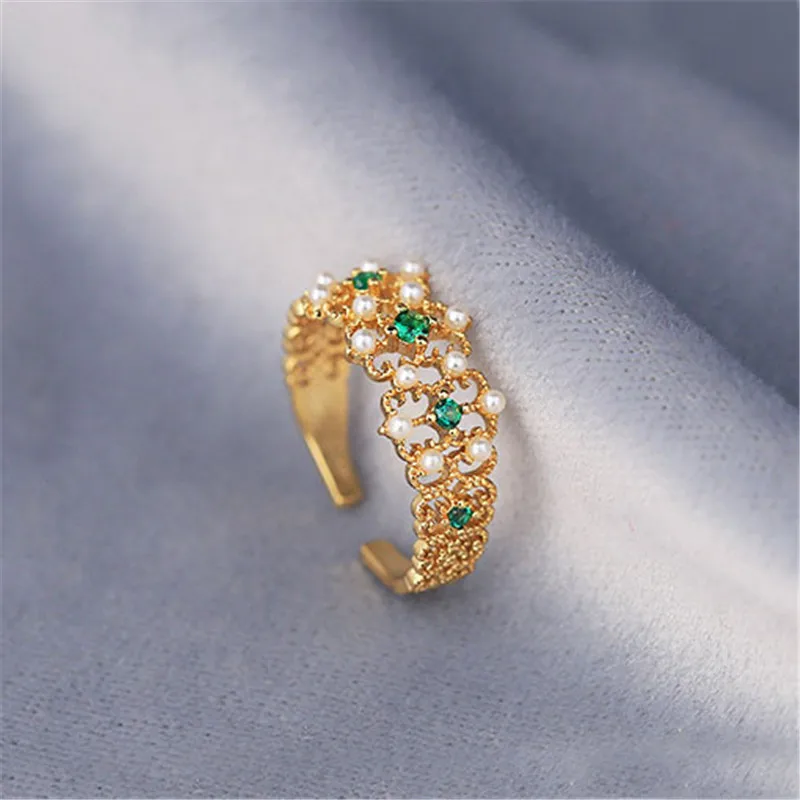 Винтажные новые золотые кольца с зеленым цирконом и жемчугом для женщин