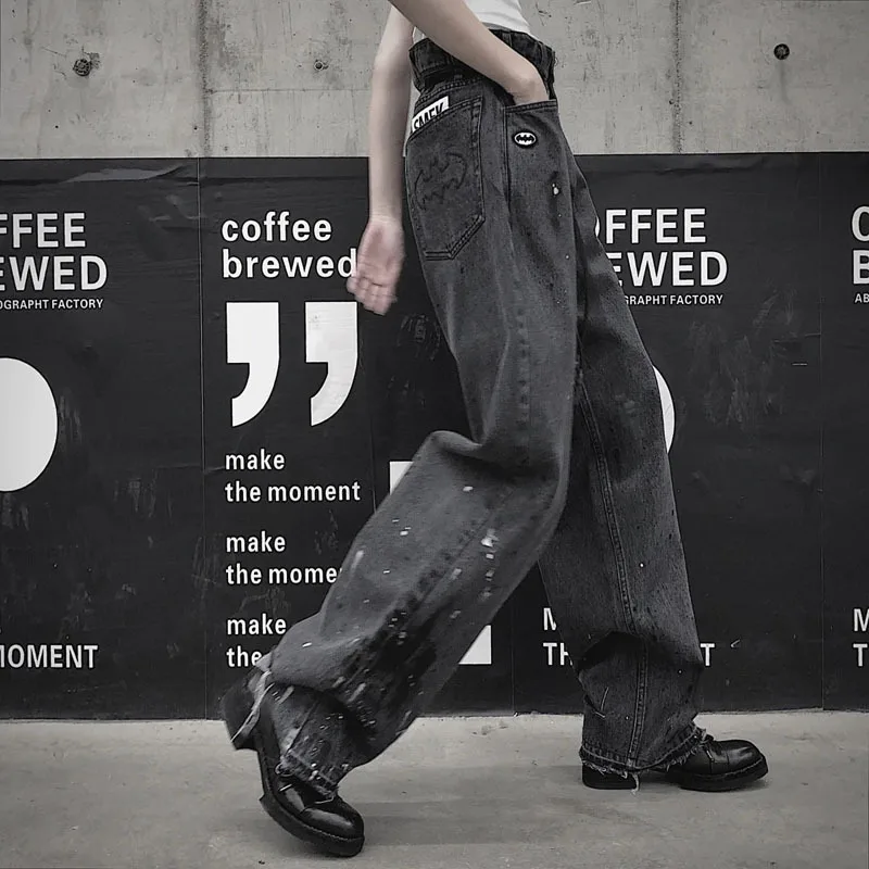 

Dark Knight Jeans Tooling Wide Leg Pants Boyfriend Wind Mop Pants Slim Straight-Leg Pants