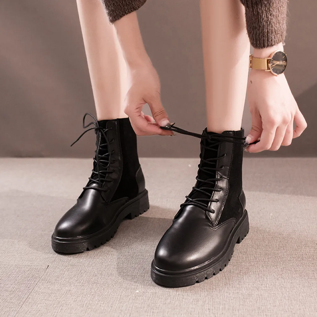 Черные женские Ботинки на каблуке с круглым носком повседневная обувь шнуровке
