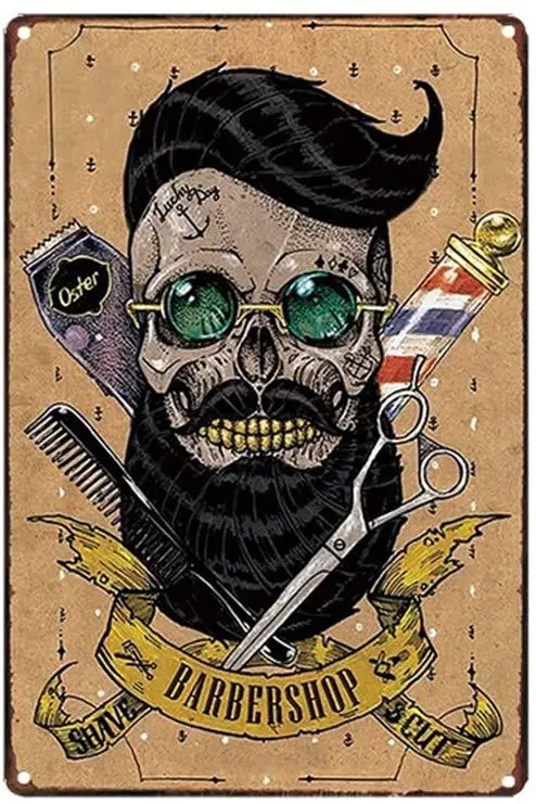 

Cool Beard Skull Barber Shop Theme Metal Sign for Salon & Barbershop Decor 12" x 8"
