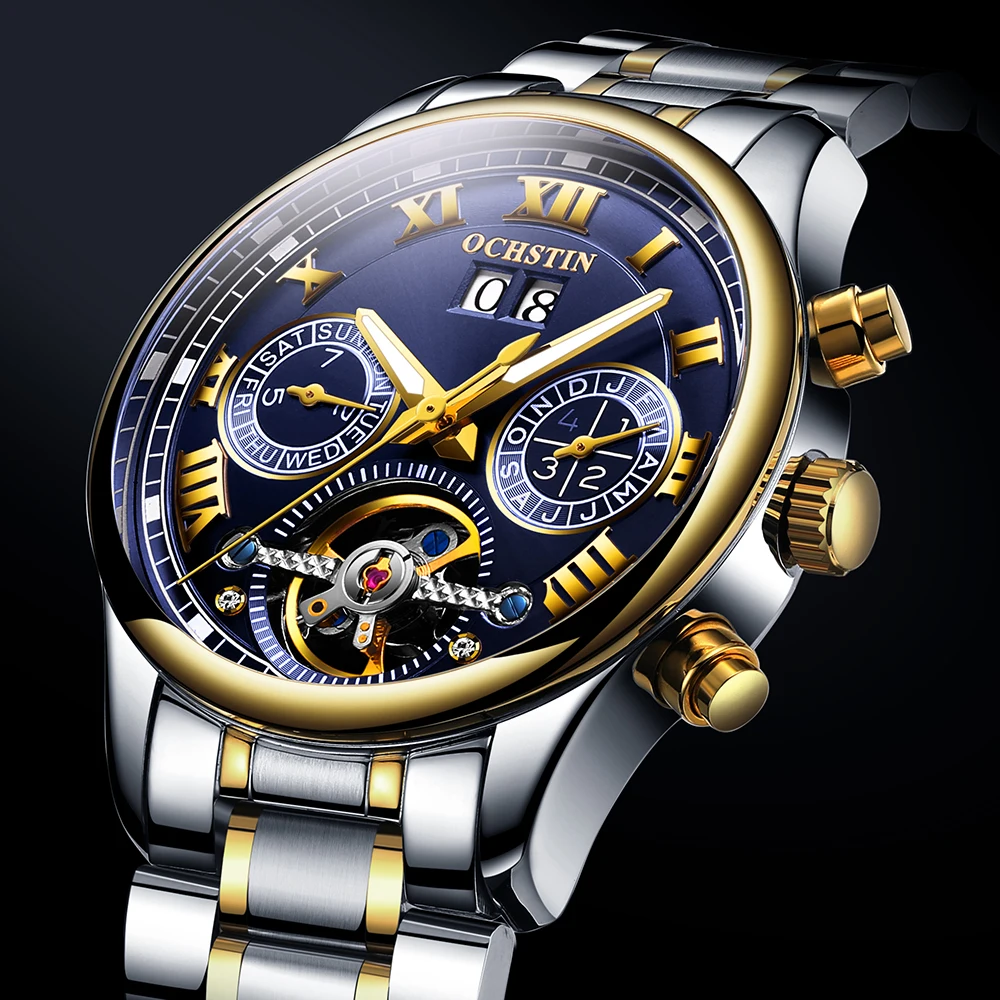 Часы мужские механические водонепроницаемые с римскими цифрами и турбийоном |