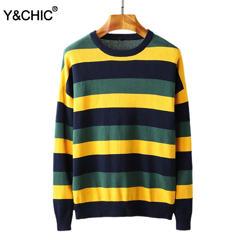 Y &amp CHIC осень новый мужской с длинным рукавом мульти-полосатый свитер круглым