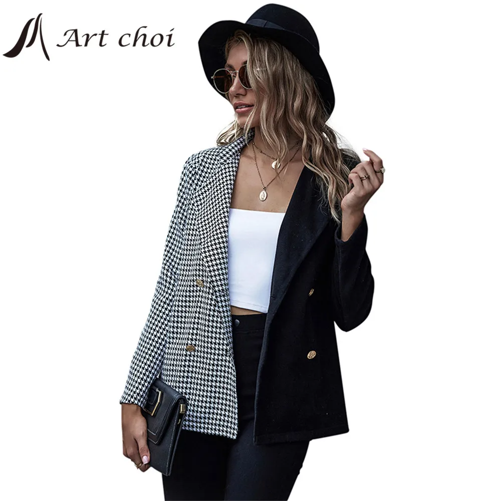 

Women Tweed Plaid Blazers Jackets Fashion Autumn Work Office Lady Suit Slim Double Breasted Business Vintage Female Coat Talever