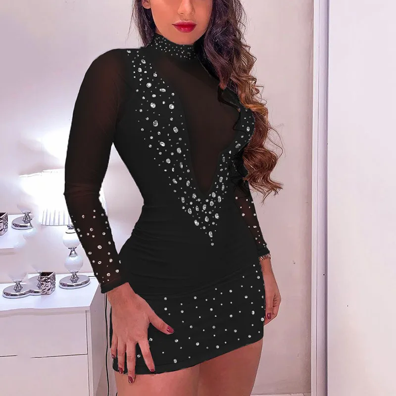 

Сексуальное контрастное Сетчатое облегающее платье стразы с длинным рукавом женская одежда весна-лето Прозрачное мини клубвечерние вечер...