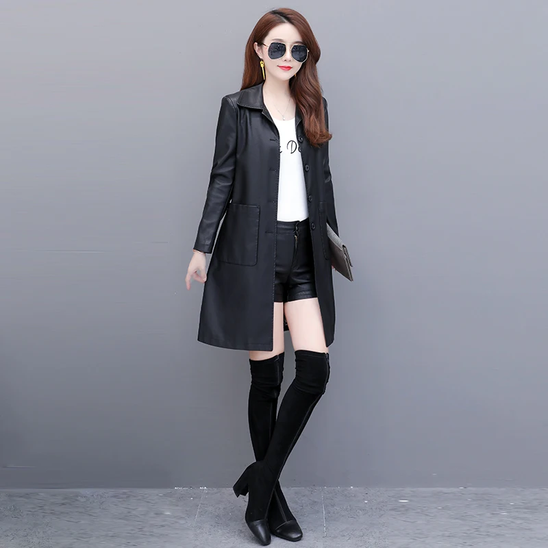 Модные женские Куртки из искусственной кожи 2020 зимние осенние длинные черные