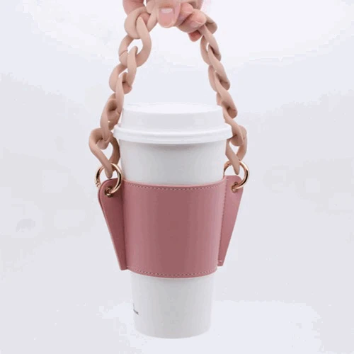 

Cup Sleeve Coffee Cup Cover Acrylic Chain PU Leather Handle Milk Tea Hand-Held Holder Insulation Portable Durable Outer Drinking