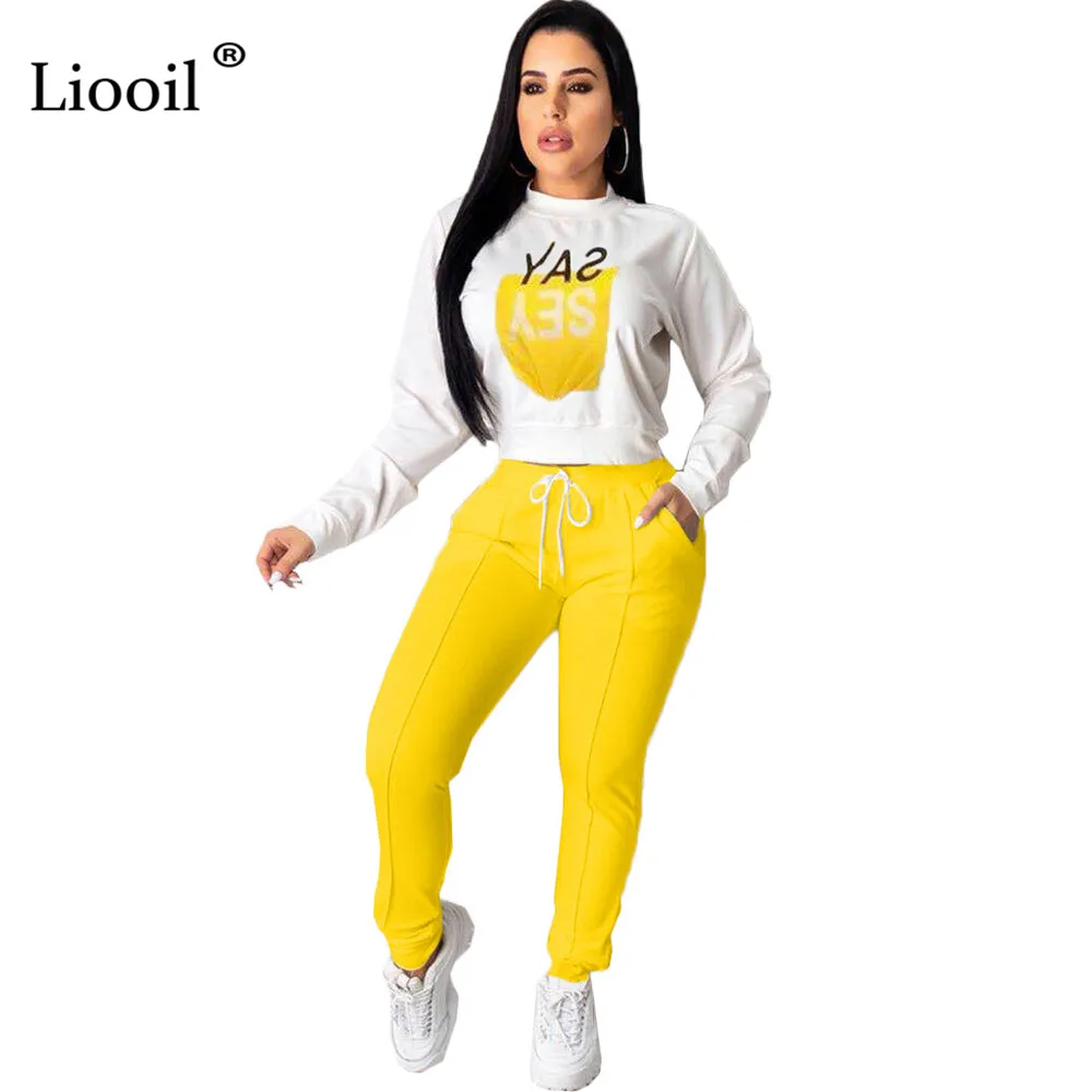 Liooil женский спортивный костюм с буквенным принтом, комплект из двух предметов, футболка с длинными рукавами и круглым вырезом, сексуальный белый топ, спортивные штаны с карманами