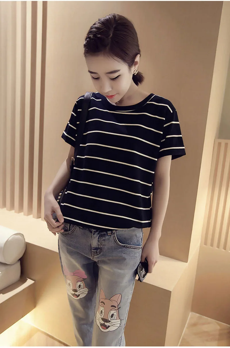 Летняя новинка футболка в полоску с круглым вырезом Женская Повседневная