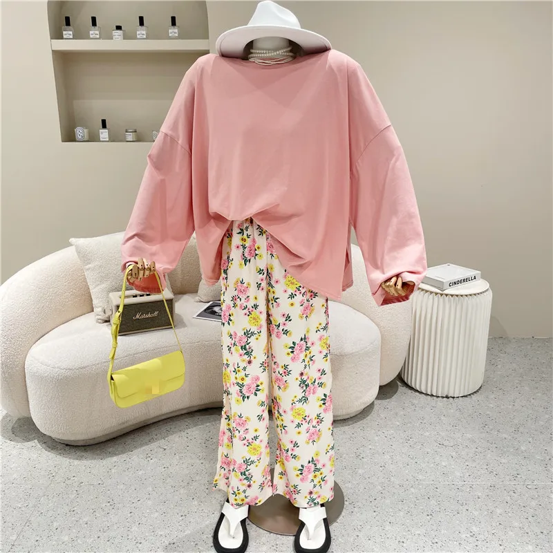 

Girl Summer 2021 Niche Design Fashion New Simple Solid Color T-shirt + Elastic Waist Printing Wide Leg Pants Loose Home Clothes