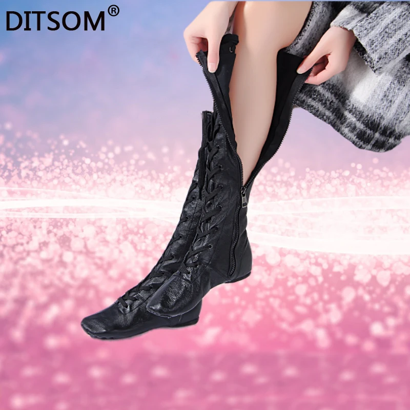 Black Height 40CM Высокие танцевальные сапоги из натуральной кожи для девочек с боковой молнией; балетная обувь для йоги, фитнеса, джаза; Танцевальная обувь для студентов; обувь для сцены - Цвет: Black Height 40CM