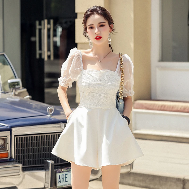 

Fashion Korean Summer Retro Rompers Lace Patchwork Mesh Shorts Jumpsuits Women Elegant Casual Square Collar High Waist Playsuits
