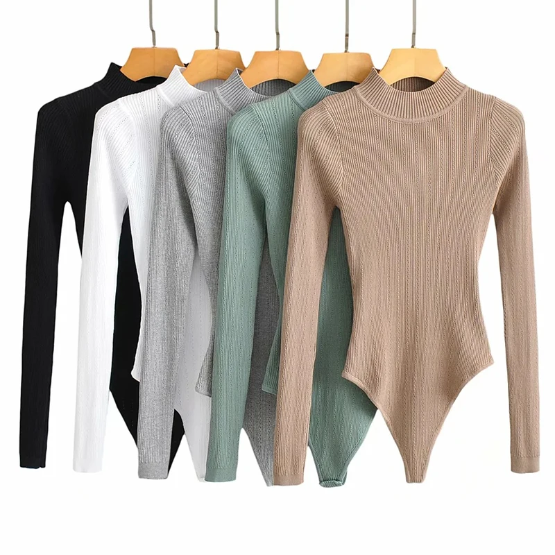 GOPLUS Bodysuit Sexy Body Tops Women 2021 Stand Collar One Piece Long Sleeve Hollow Out Knitted Bodysuits Vetemznt Femme C10921