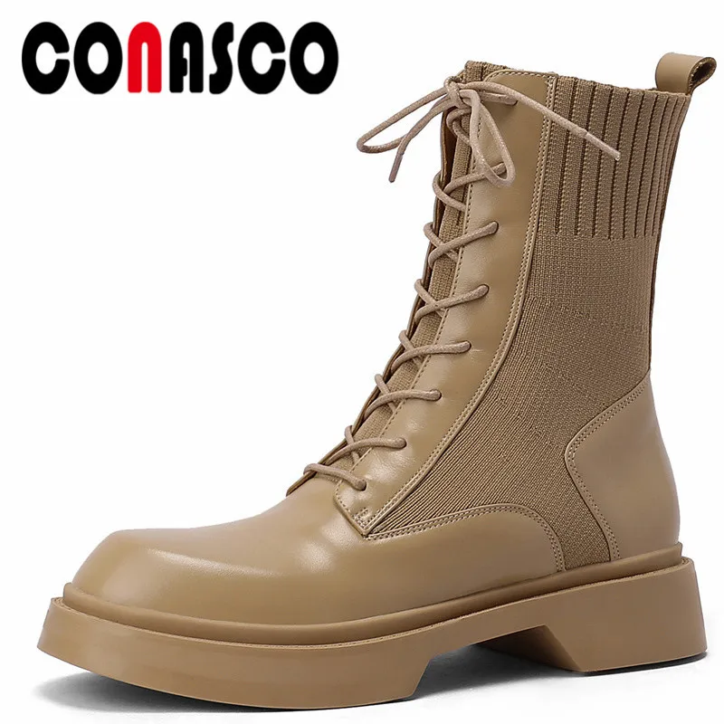 

CONASCO New Fashion Women Ankle Boots Autumn Winter Warm Cow Leather Causal Party Prom Shoes Concise Design Boots Woman