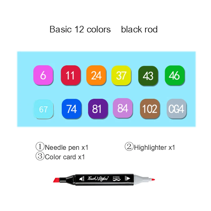 Markers brush Pen Set authentic student double-headed beginner 30/40/60/80 colors oil alcohol painting marker art supplies - Цвет: 12 color black rod