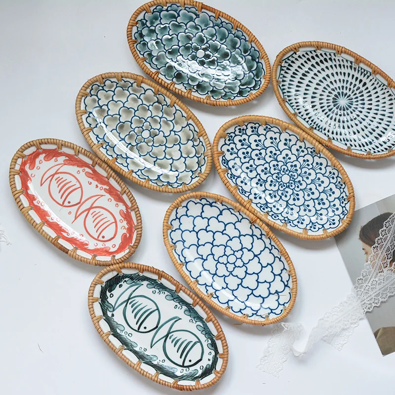Японская посуда из ротанга плетеная тарелка для фруктов сухая искусственная