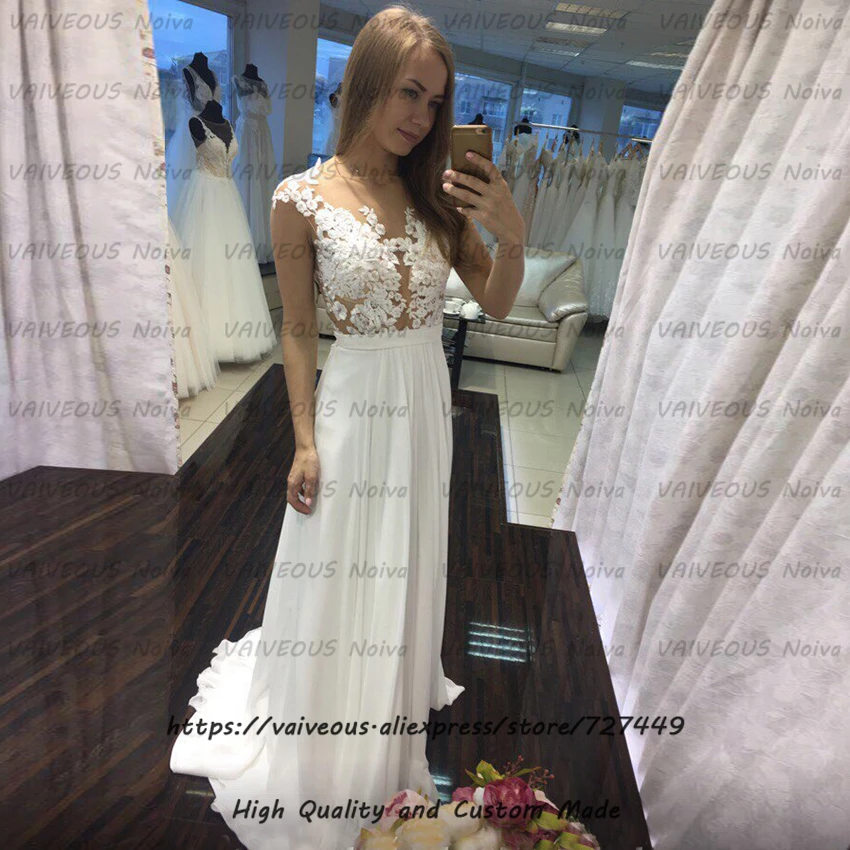 Vestido noiva praia прозрачный сзади аппликации шифоновое свадебное платье сексуальное