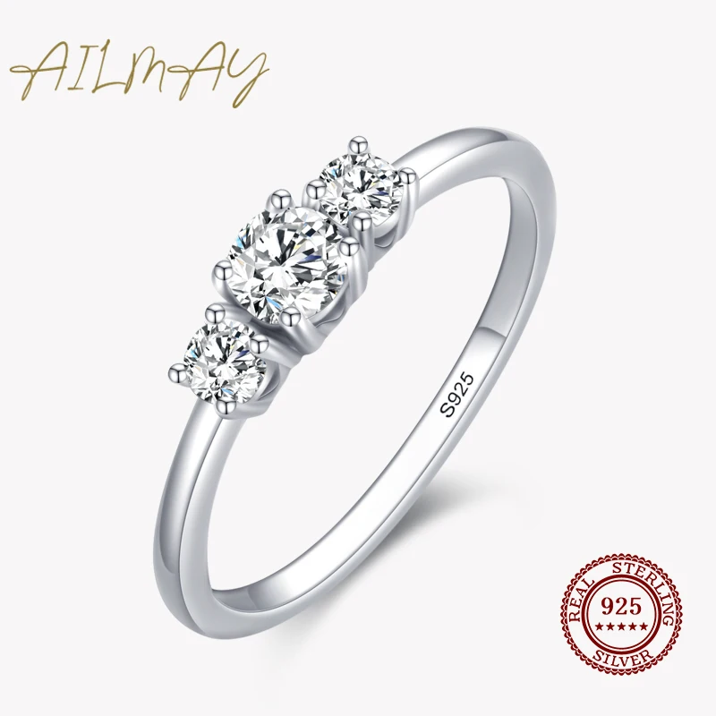 Ailmay Real 925 Sterling Silver Sparkling AAAAA Zircon Stackable Rings For Women Classic Romantic Wedding Statement Jewelry