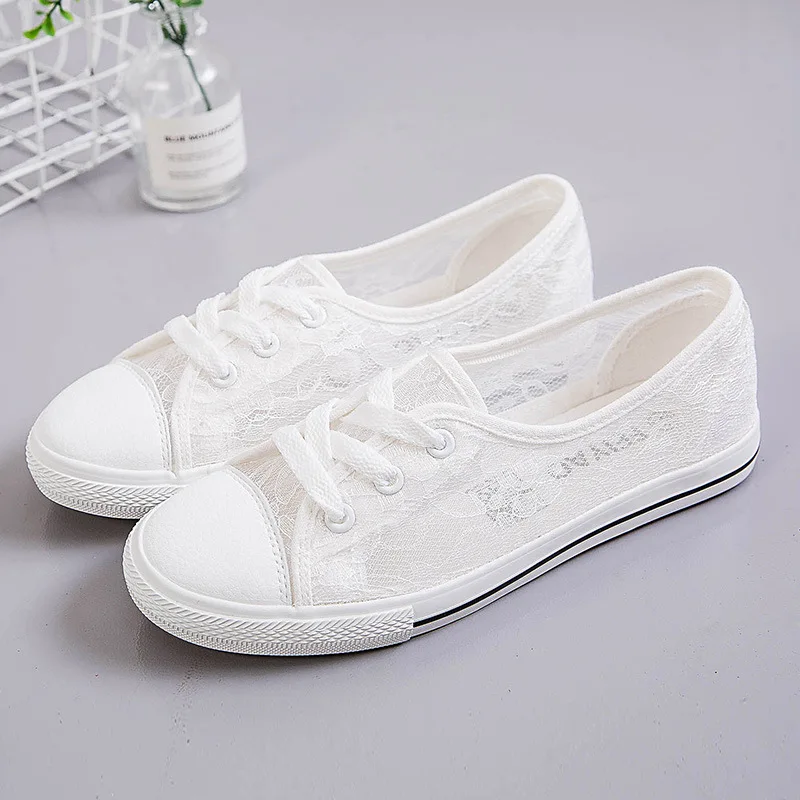 

SWONCO Sexy Lace White Shoes Women Flats Sneakers Summer 2020 New Female Causal Shoes Black Canvas Vulcanize Sneakers For Women