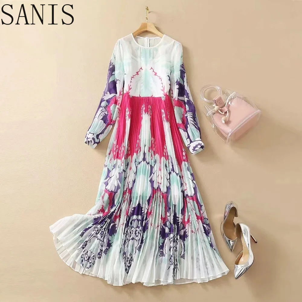 

Sanis New 2021 Fashion Runway Summer Chiffon Dresses Women Long sleeve Pleated Floral print Elegant Holiday Midi Dress