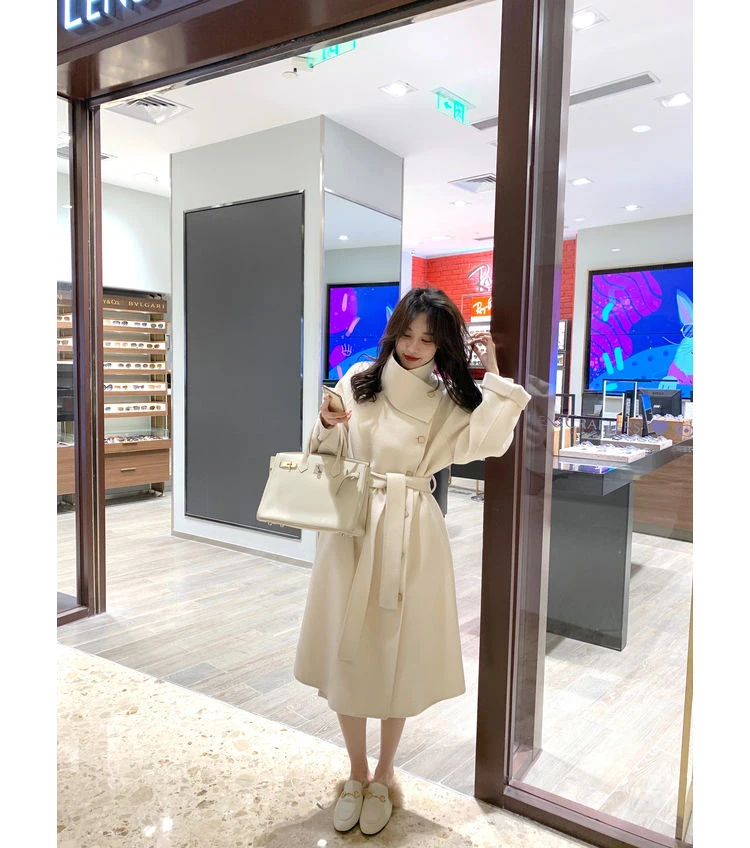 Женское шерстяное пальто элегантное однотонное длинное с длинным рукавом