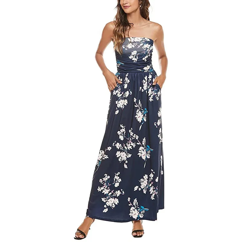

2021 New Summer Long Dress Womens Sexy Strapless Vintage Floral Print Maxi Dress Casual Boho Beach Party Vacation Dress Vestidos