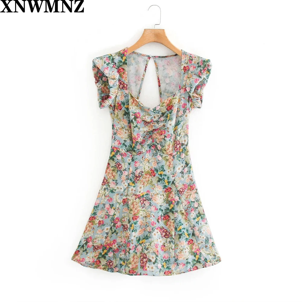 Женское мини платье с V образным вырезом рукавами крылышками и оборками|Женские