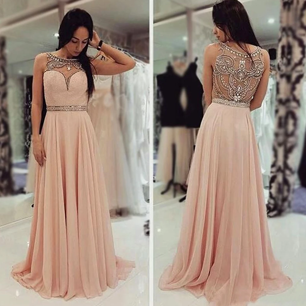 

A Line Sleeveless Prom Party Gown Floor-Length NONE Train Evening Dresses Beaded Ball Gown Scoop Chiffon Dress Custom