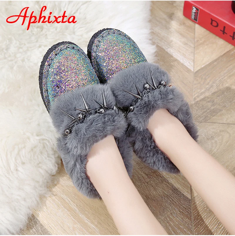 Сапоги aphixta; женские зимние ботильоны на плоской подошве; теплая женская обувь на платформе; женские меховые сапоги с круглым носком и металлической бахромой; Botas Mujer