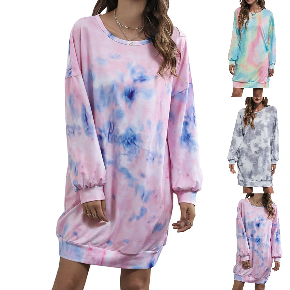 

Tie Dye Straight Dress Women Long Sleeve Shirt Soft Casual Loose Knee-length Autumn Dresses Tops Vacation