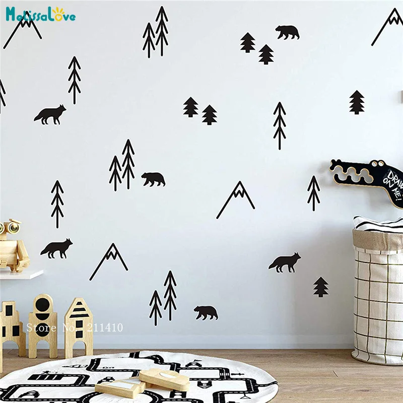 Виниловые Настенные Стикеры с изображением лесных животных деревьев и гор