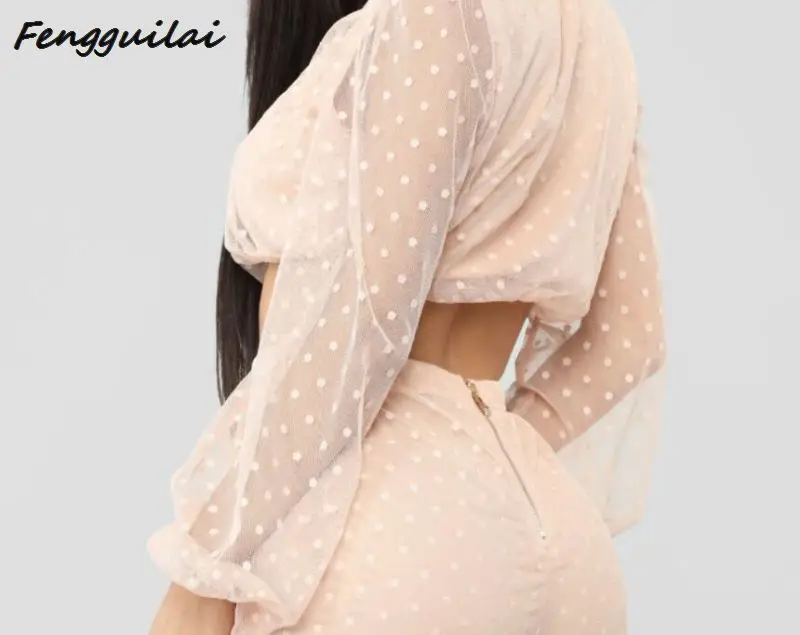 

FENGGUILAI Polka Dots Sheer Mesh Fashion Two Piece Set Mock Neck Long Lantern Sleeve Crop Top + Pencil Pants Casual Suit Clubwea