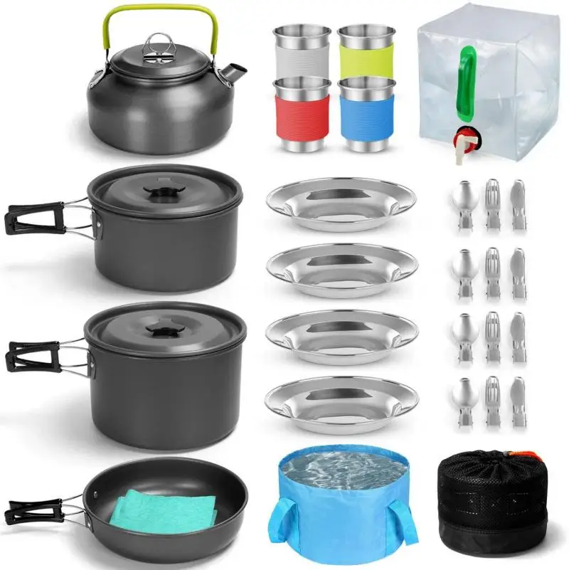 

33PCS Outdoor Picnic Barbecue Portable Cookware Set Camping Cup Plates Collapsible Bucket Water Container with Carry Bag Camping