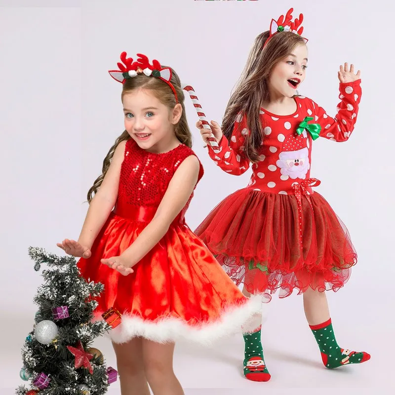 Красное детское платье рождественское для девочек 2 3 6 лет вечернее Санта Детские