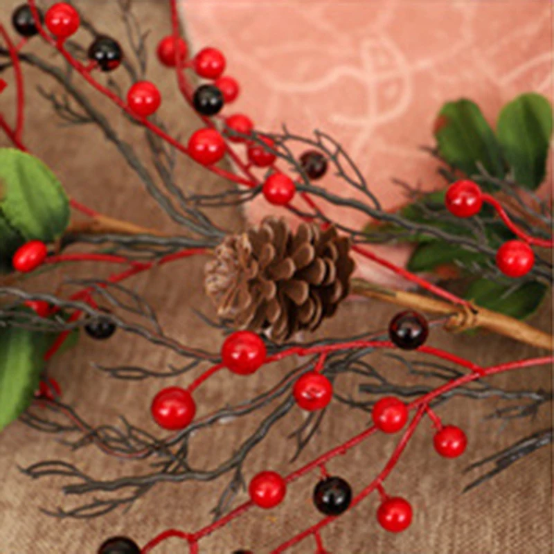 Дверь венок Искусственные красный ягодная гирлянда с зелеными листьями для