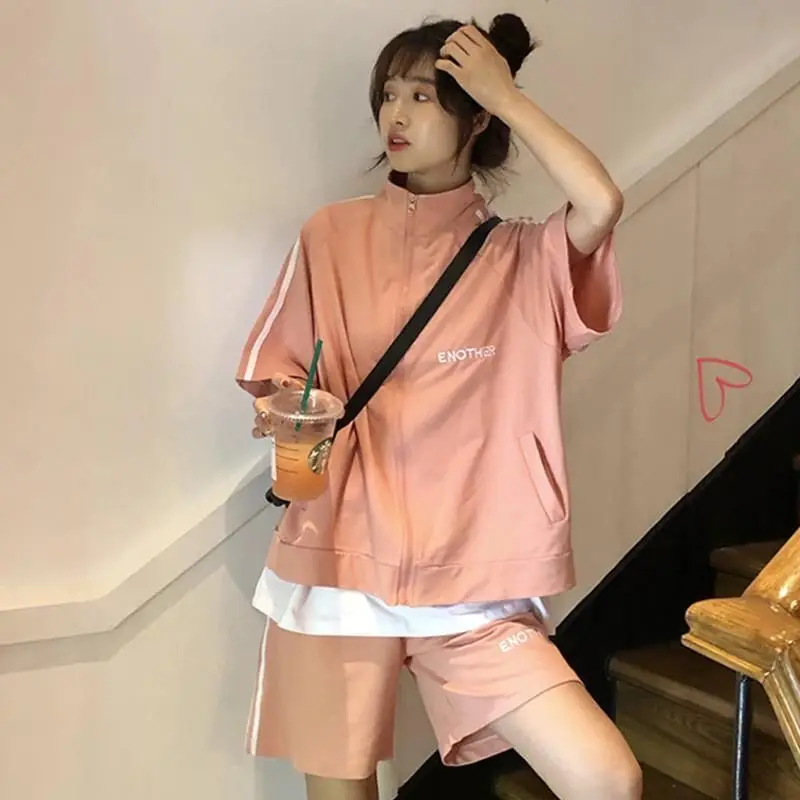 

[Cotton] Summer fashion sports suit retro female student short-sleeved shorts loose two-piece suit