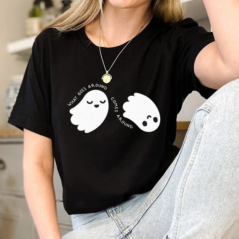 

What Goes Around Comes Around T-shirt Spooky Ghost BOO Tshirt Funny Women Halloween Party Gift Tee Shirt Top