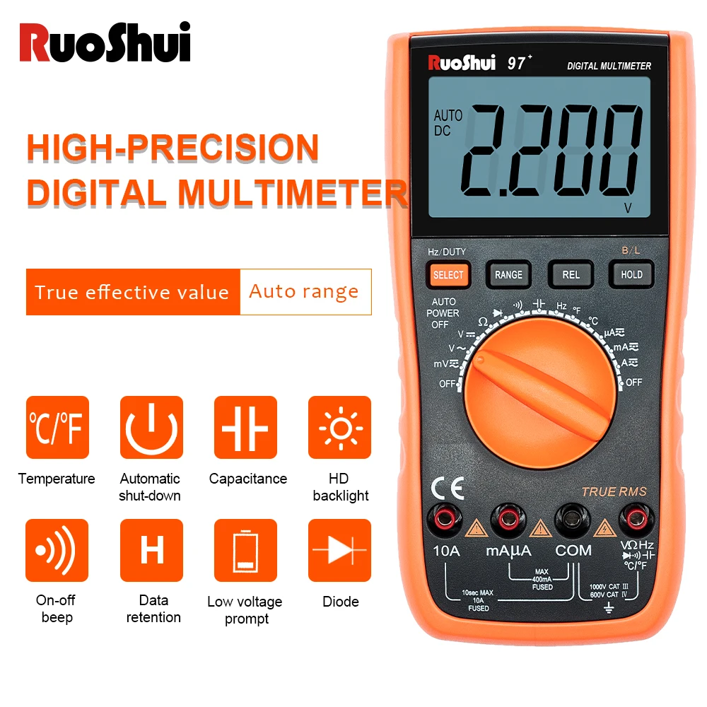 RuoShui 97 + мультиметр True RMS AC DC Вольтметр Амперметр тестер 1000 В 20A Емкость