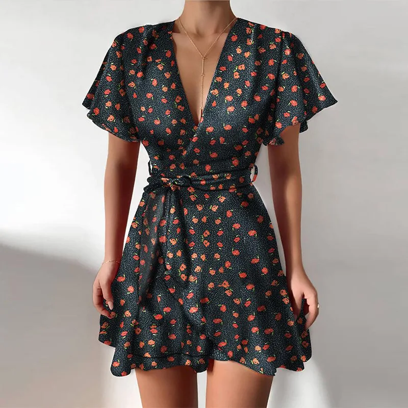 

S-2XL Ladies Sexy Deep V-neck Short Sleeve Double Flounces Print Miniskirt Spring 2021 Casual Slim High-Waisted Belted Dress