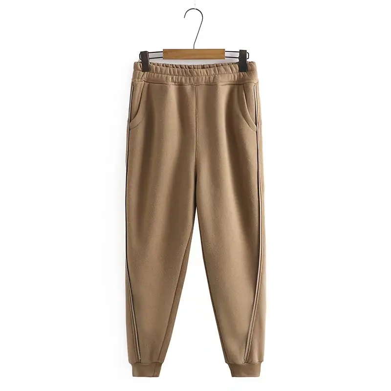 

Women Casual Cozy Soft Thick Trousers Side Fake Zipper Design Elastic Waist Ankle Banded Pants Black Gray Coffee Beige Bottoms