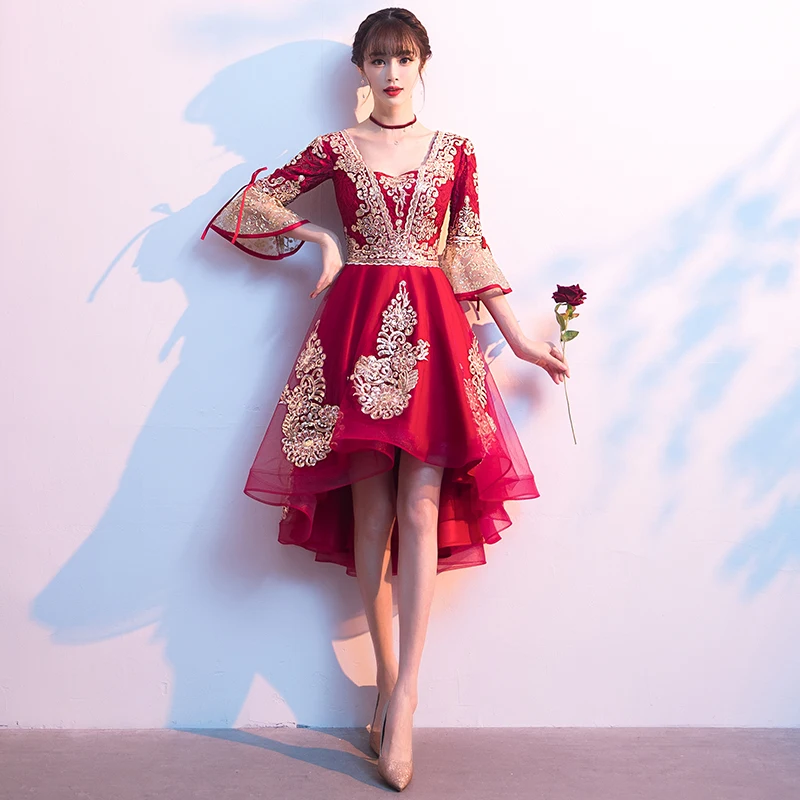 

Square Collar Prom Dress Half Sleeves High-Low Flowers Embroidery Elegant Ruched Above Knee Lace Up Formal Gown For Women D554