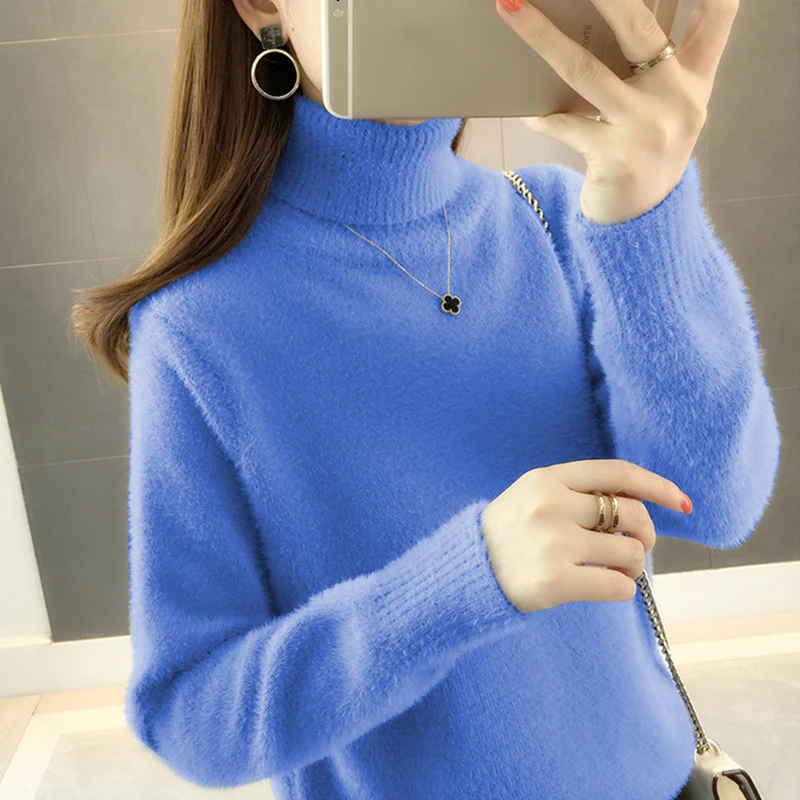 White Turtleneck Women Sweater Jumper Knitted Winter Blue Pink High Collar Warm Plush Pullover Casual Velvet Loose Plus Size | Женская