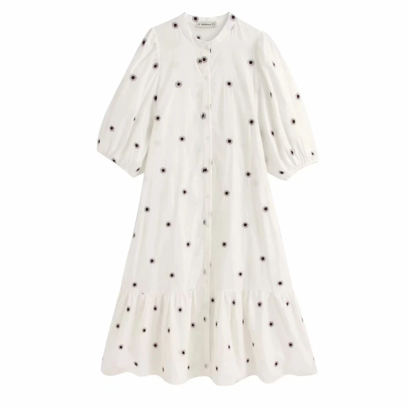 

Pop New Vogue Women Flower Embroidery Puff Sleeve White Midi Dress Casual Lady Stand Collar Loose Dresses D5113