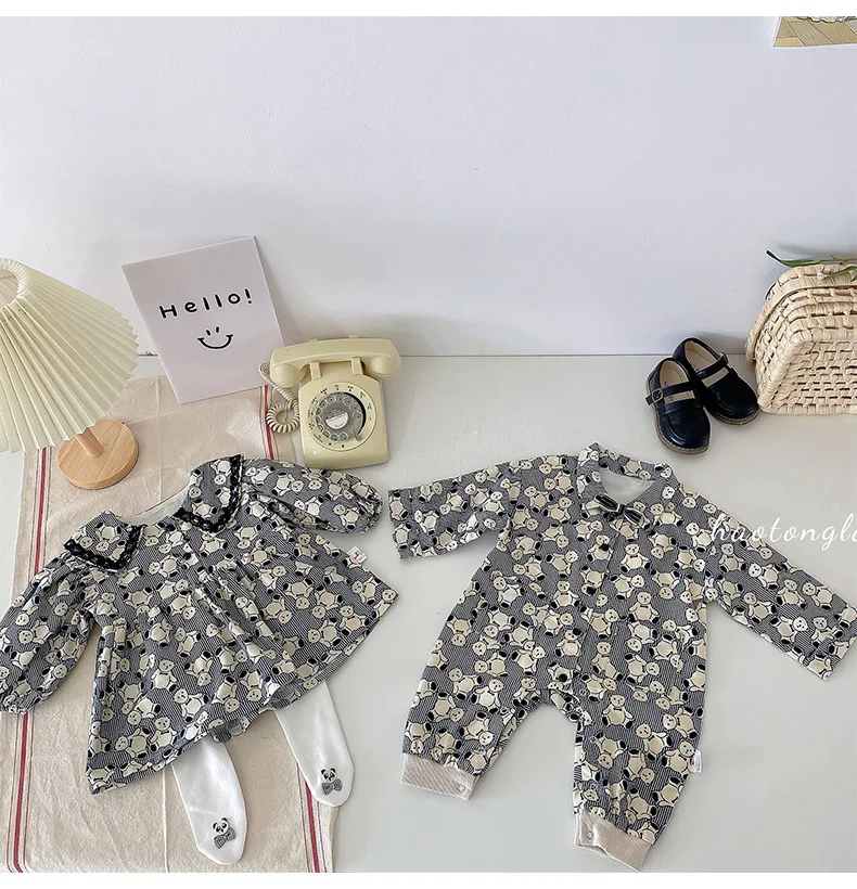 

Children Matching Outfits Newborn Boys Jumpsuit Romper Girls Dress Autumn Korean Fashion Baby Brother Sister Bear Print Outfits
