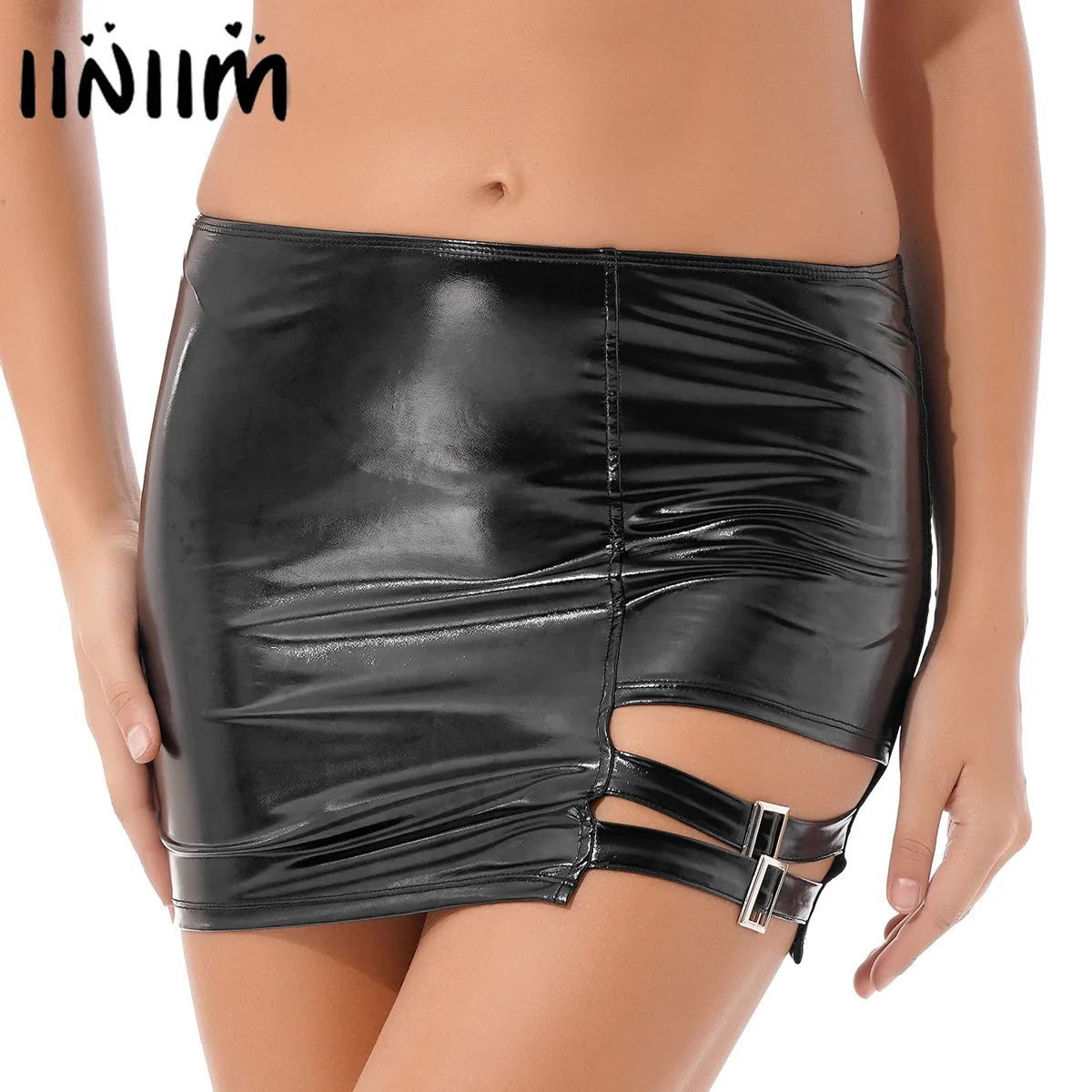 

Women Latex Skirts Metal Buckle Decor Hollow Out Patent Leather Skirt Clubwear Pole Dancing Costume Elastic Waistband Miniskirt