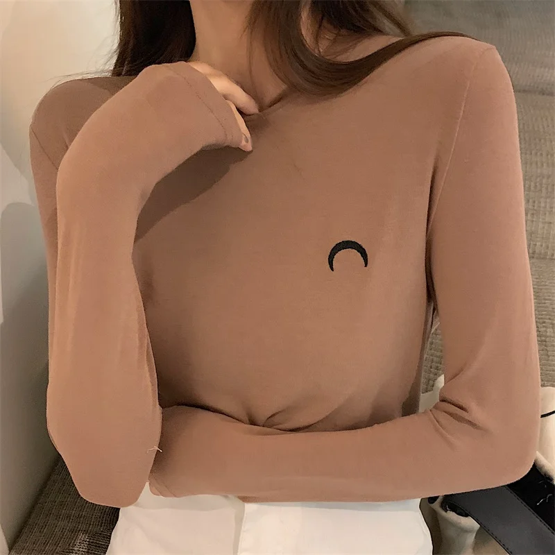 Однотонная футболка с длинным рукавом и вышивкой Луны | Женская одежда
