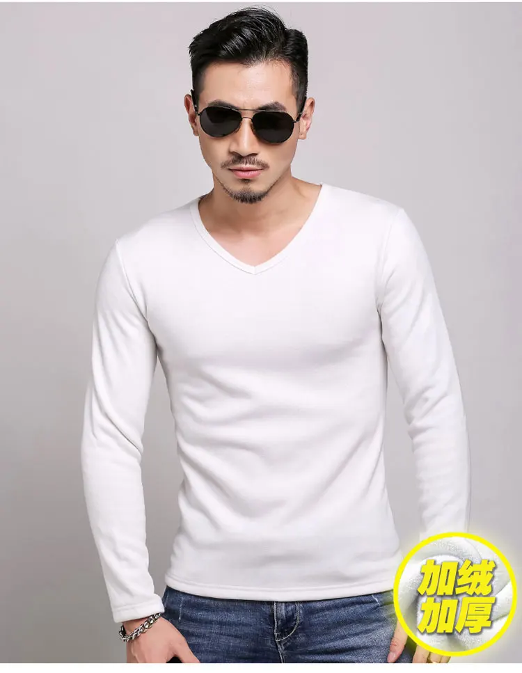 2PCS Spring Autumn Mens Warm Thermal Man Long Sleeve Casual V Neck Velvet Thick Plus Thick T-Shirt For 100kg