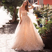 smileven champagne lace wedding dress a line appliqued puff sleeves train bride dress boho wedding gown
